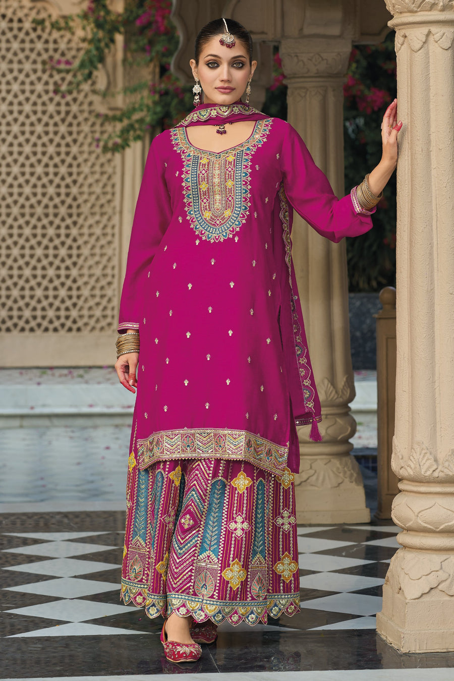 Pink Chinon Silk Plazo Suit For Indian & Pakistani Wedding Festival - Embroidery Work
