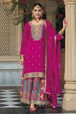 Pink Chinon Silk Plazo Suit For Indian & Pakistani Wedding Festival - Embroidery Work