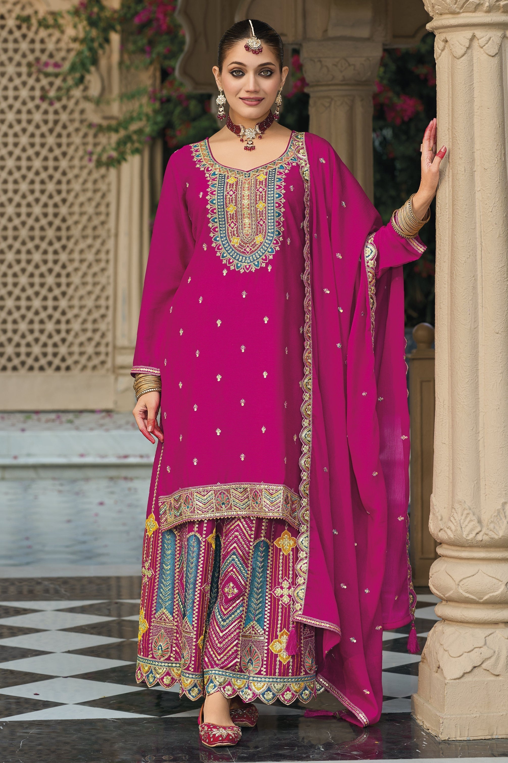 Pink Chinon Silk Plazo Suit For Indian & Pakistani Wedding Festival - Embroidery Work