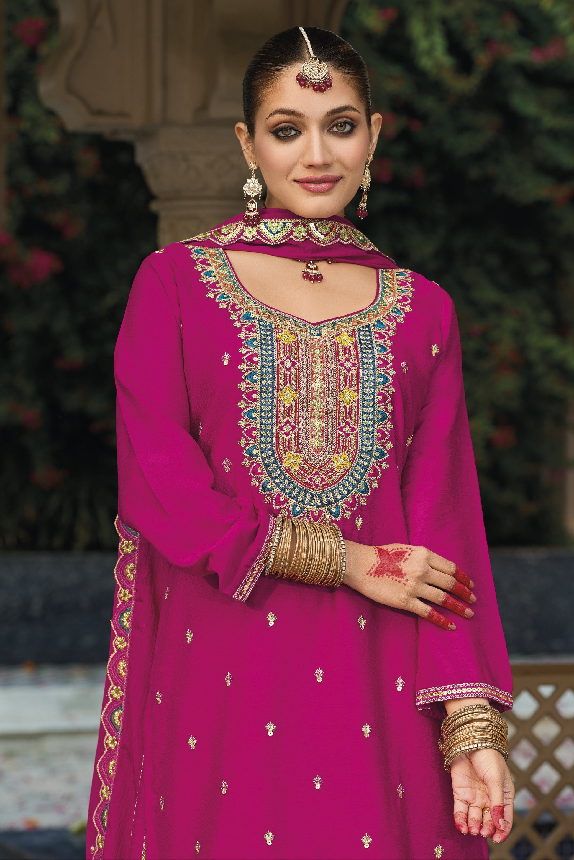 Pink Chinon Silk Plazo Suit For Indian & Pakistani Wedding Festival - Embroidery Work