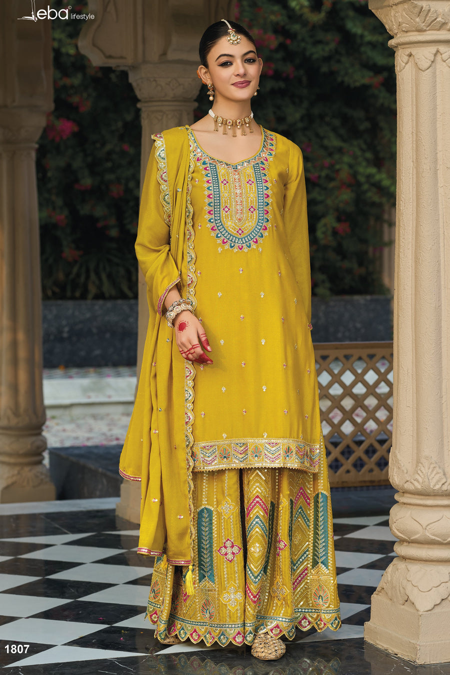 Yellow Chinon Silk Plazo Suit For Indian & Pakistani Wedding Festival - Embroidery Work