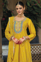 Yellow Chinon Silk Plazo Suit For Indian & Pakistani Wedding Festival - Embroidery Work