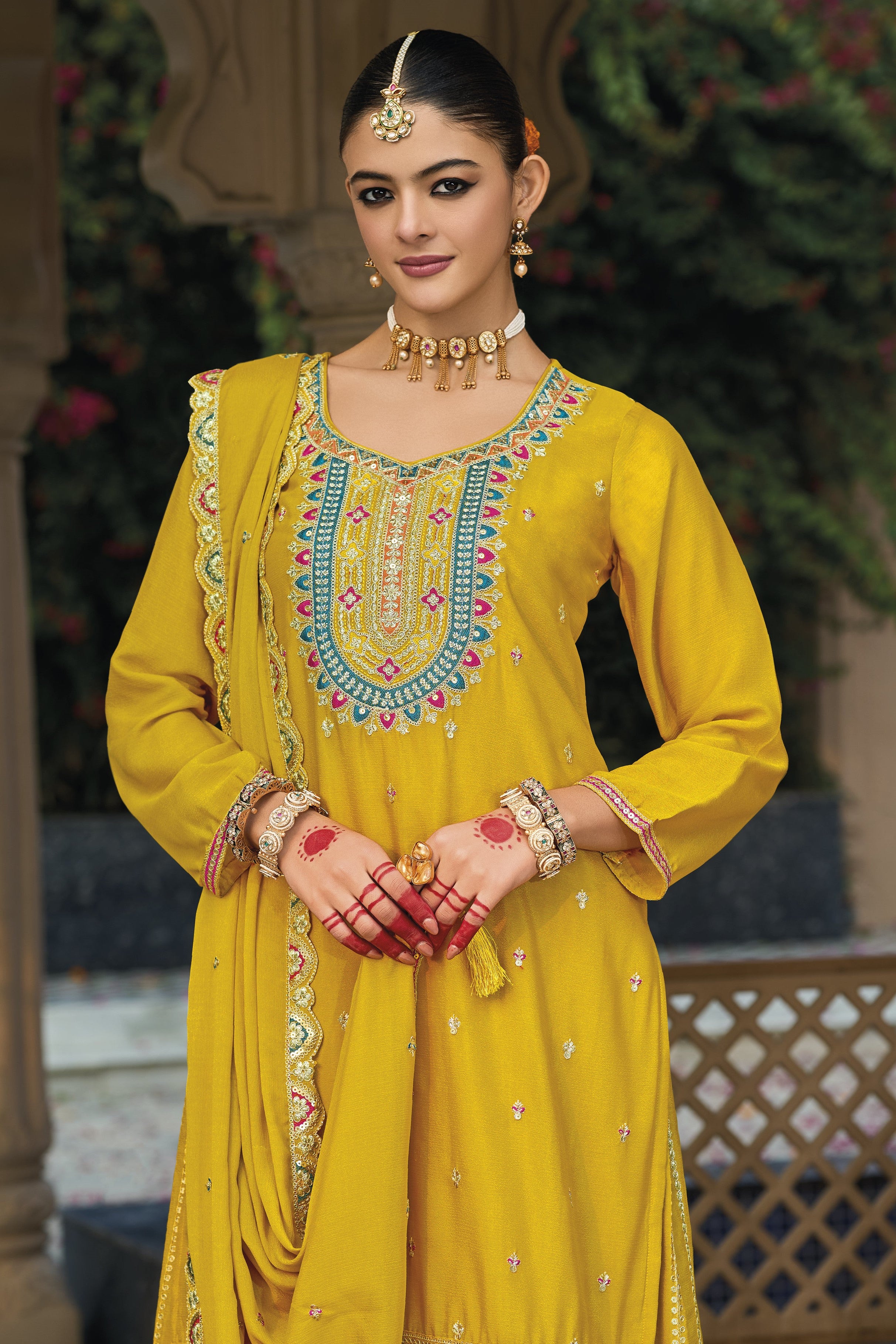 Yellow Chinon Silk Plazo Suit For Indian & Pakistani Wedding Festival - Embroidery Work