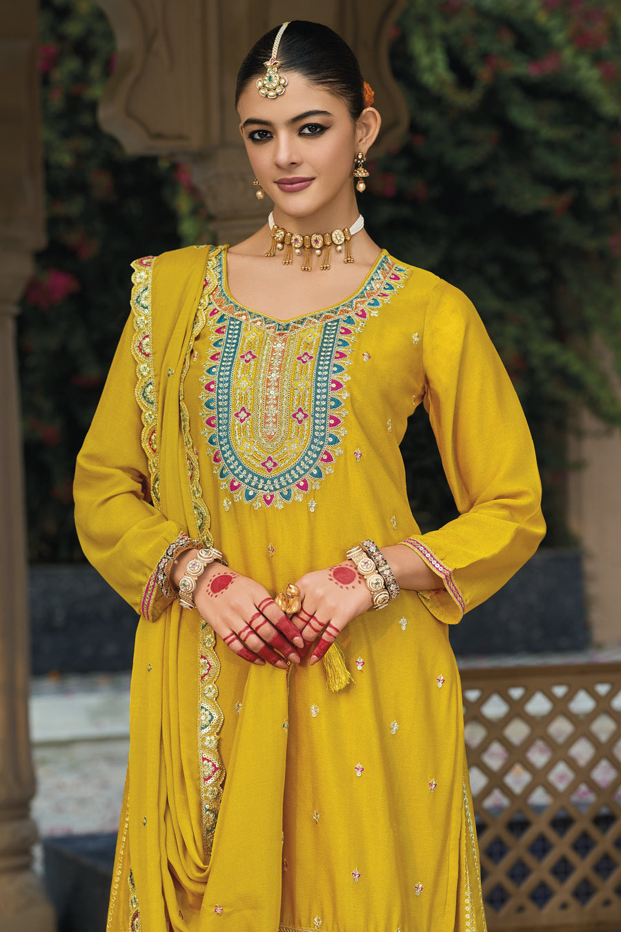 Yellow Chinon Silk Plazo Suit For Indian & Pakistani Wedding Festival - Embroidery Work