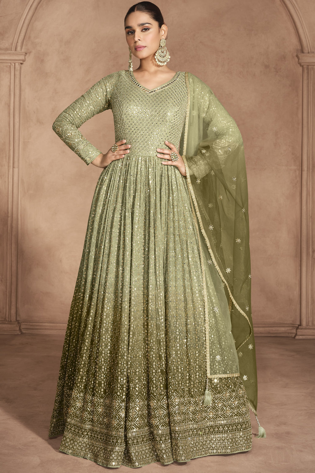 Olive Georgette Floor Full Length Partywear Anarkali Suit For Indian Festival & Pakistani Weddings - Embroidery Work