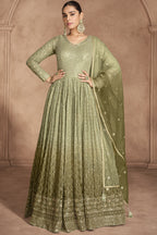 Olive Georgette Floor Full Length Partywear Anarkali Suit For Indian Festival & Pakistani Weddings - Embroidery Work