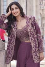 Light Maroon Chinon Silk Plazo Suit For Indian Weddings & Pakitani Festival - Embroidery Work