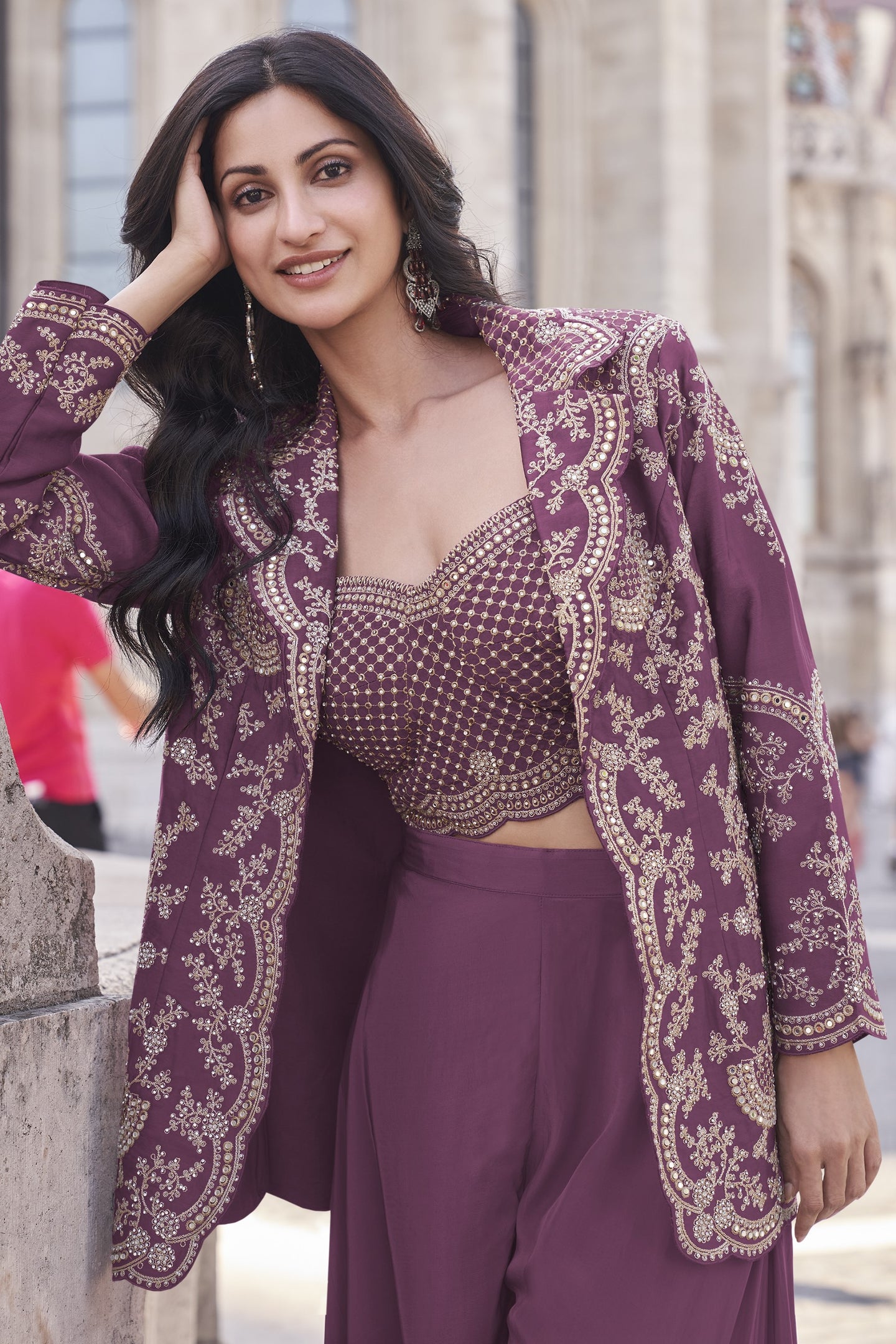 Light Maroon Chinon Silk Plazo Suit For Indian Weddings & Pakitani Festival - Embroidery Work