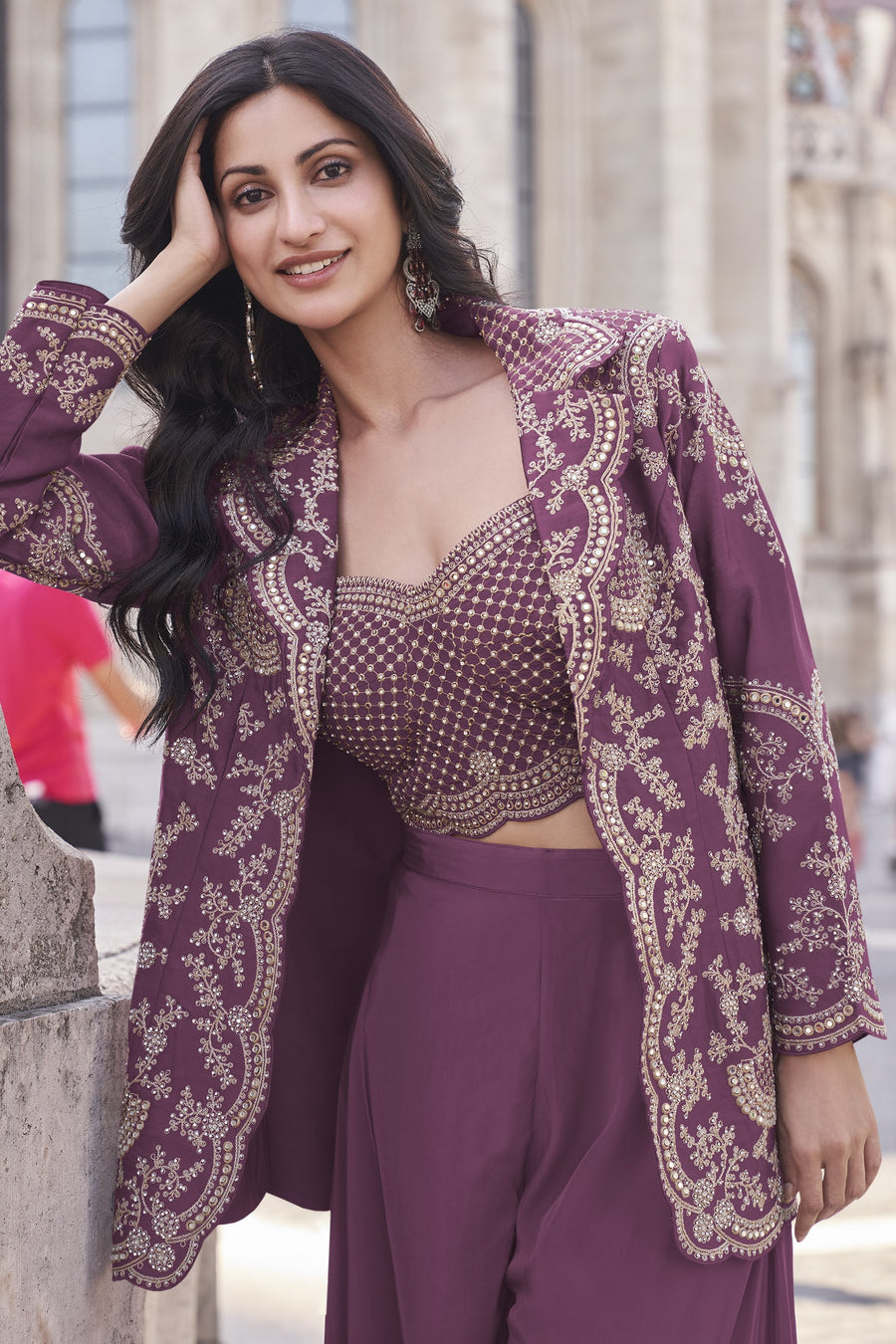 Light Maroon Chinon Silk Plazo Suit For Indian Weddings & Pakitani Festival - Embroidery Work