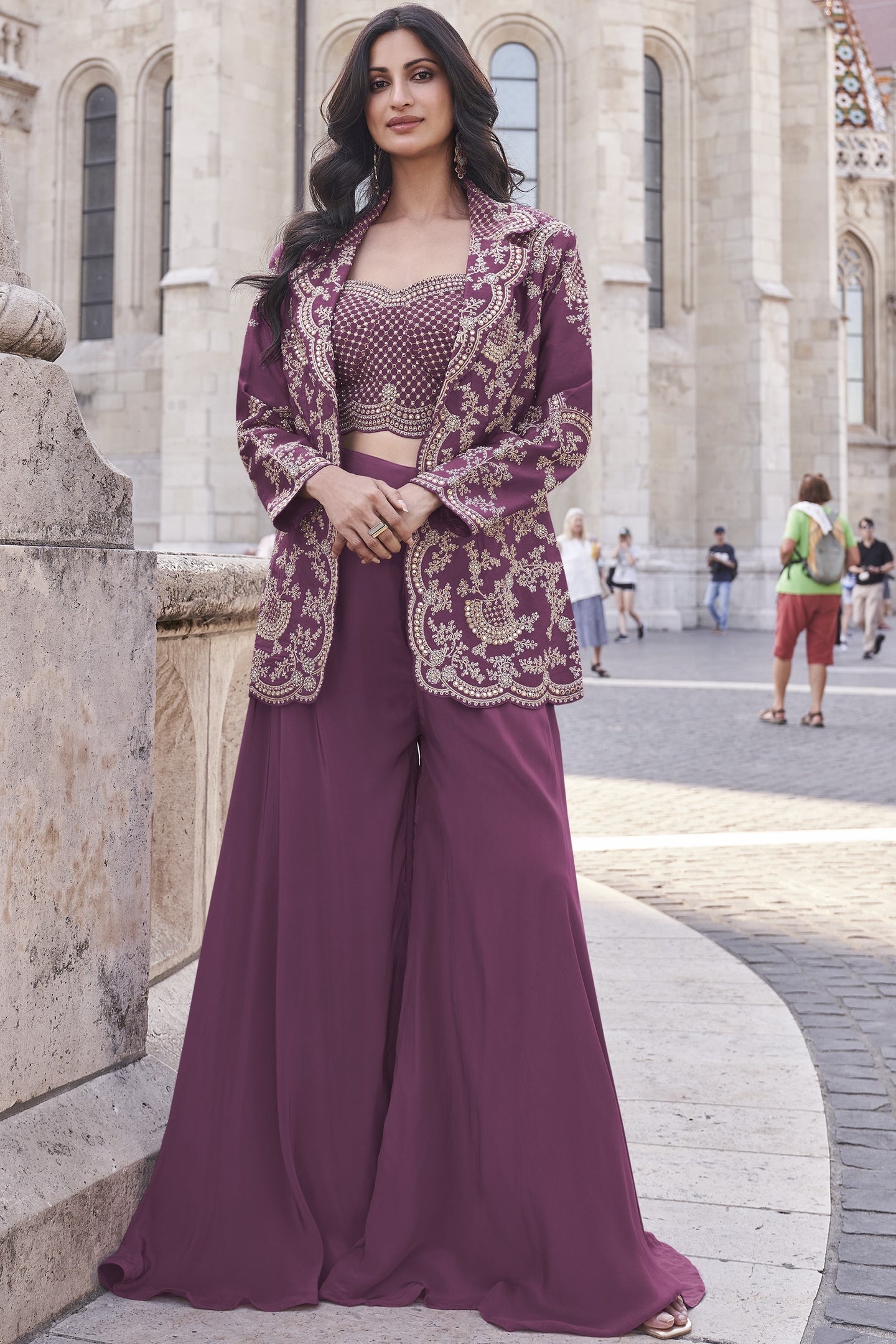 Light Maroon Chinon Silk Plazo Suit For Indian Weddings & Pakitani Festival - Embroidery Work