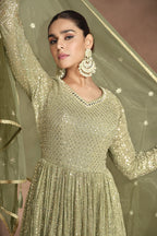 Olive Georgette Floor Full Length Partywear Anarkali Suit For Indian Festival & Pakistani Weddings - Embroidery Work
