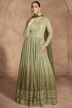 Olive Georgette Floor Full Length Partywear Anarkali Suit For Indian Festival & Pakistani Weddings - Embroidery Work