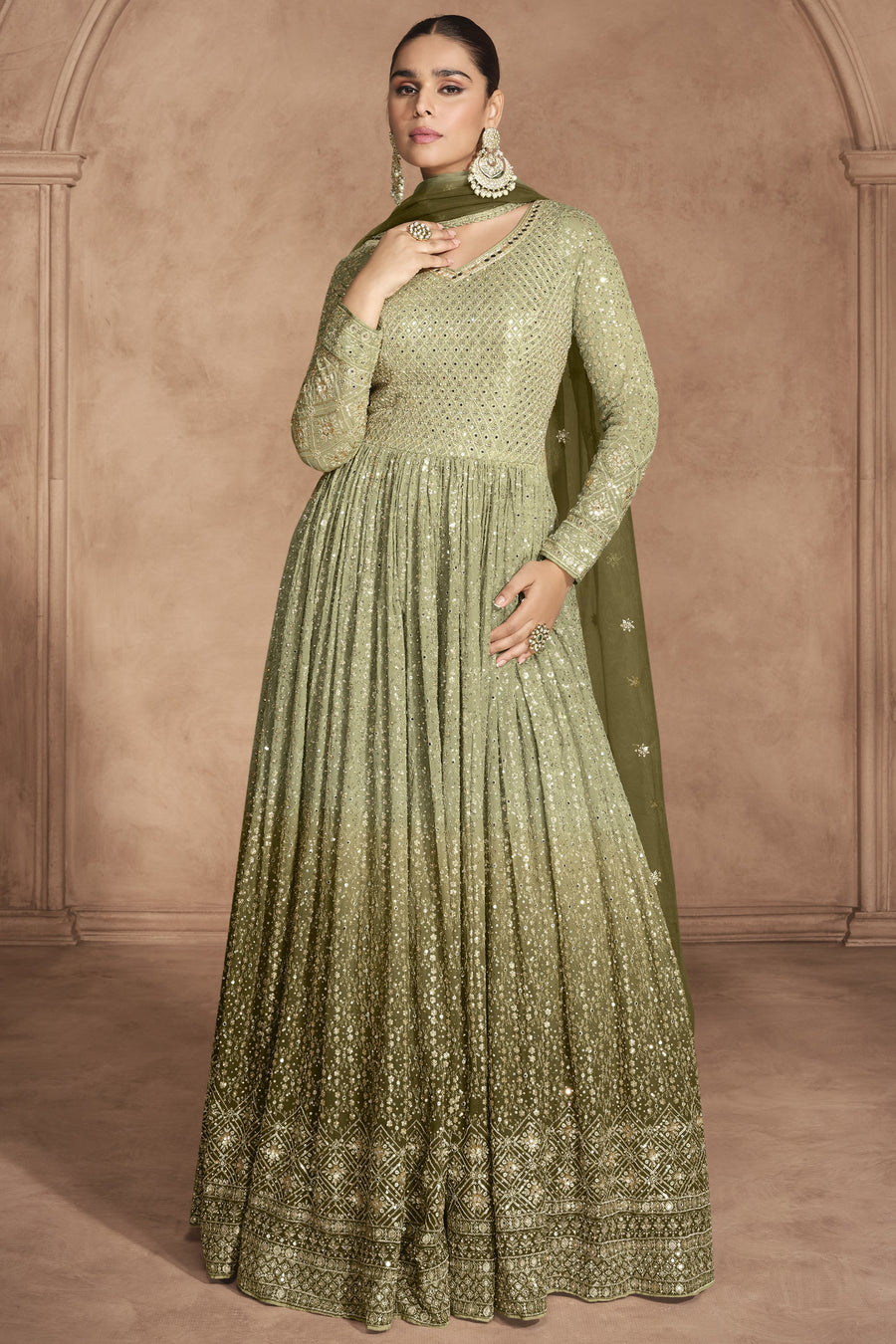 Olive Georgette Floor Full Length Partywear Anarkali Suit For Indian Festival & Pakistani Weddings - Embroidery Work
