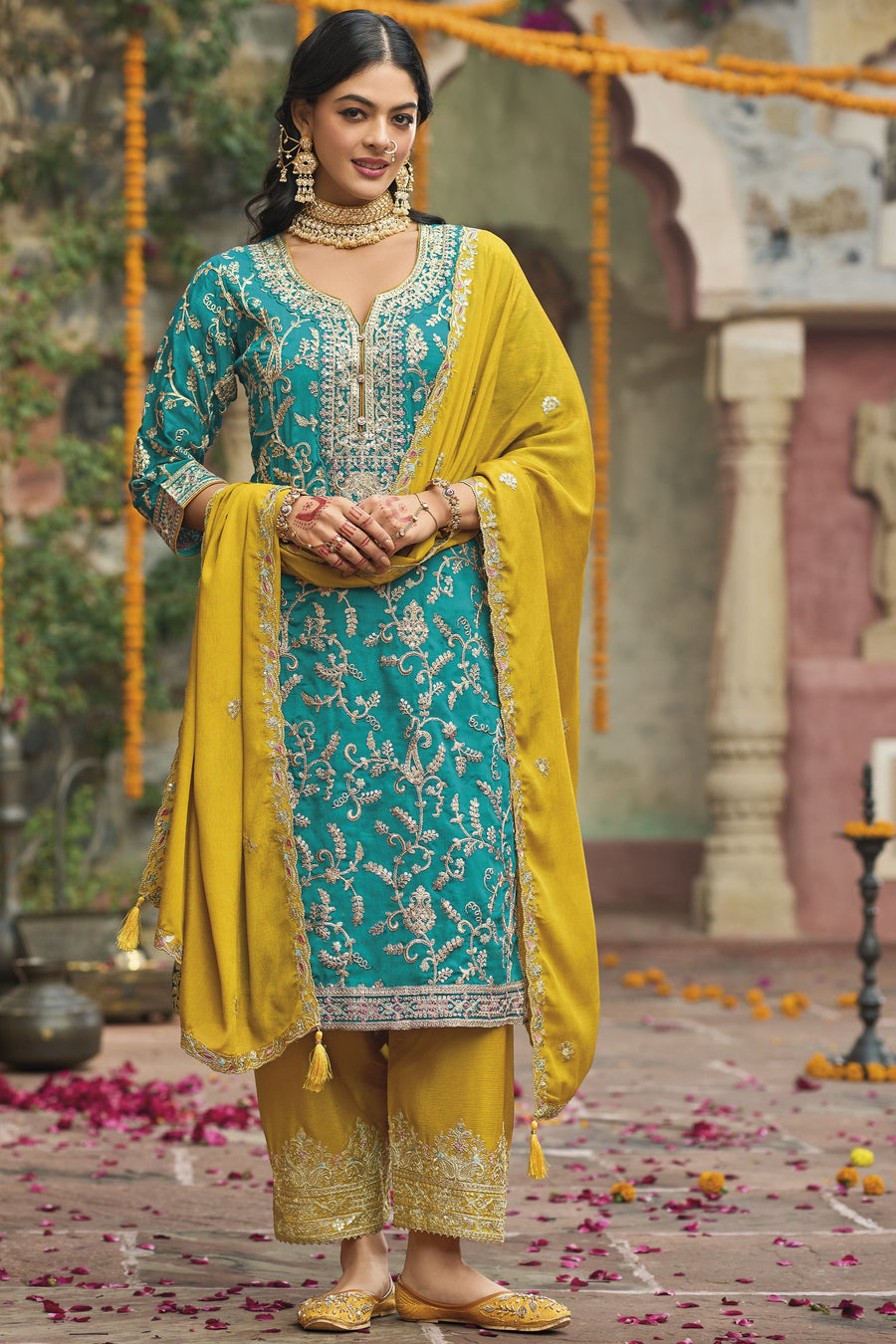 Aqua Green Chinon Silk Plazo Suit For Indian Weddings & Pakitani Festival - Embroidery Work