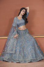 Gray Blue Net Lehenga Choli For Indian Festivals & Pakistani Weddings Dress - Zarkan Work