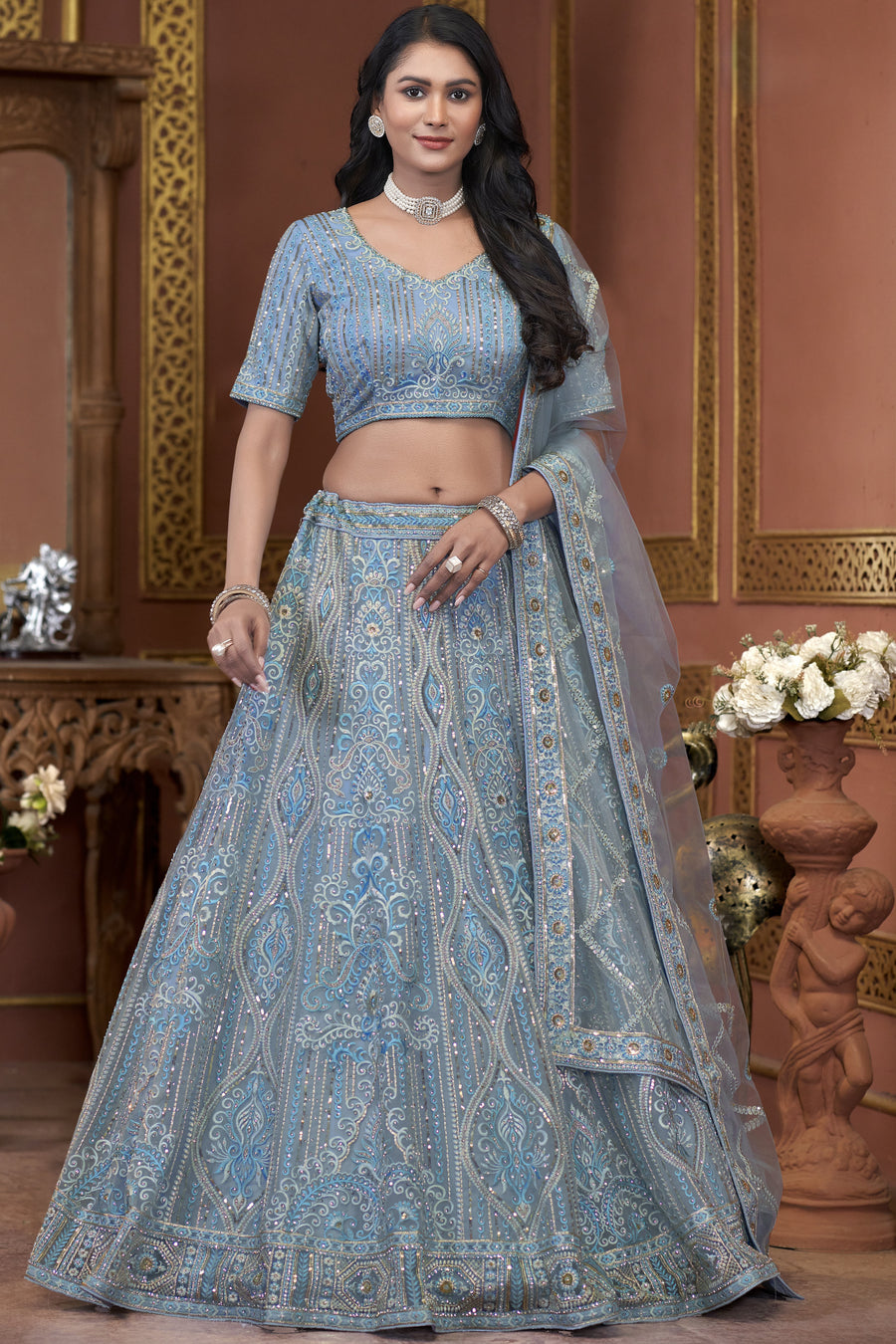 Gray Blue Net Lehenga Choli For Indian Festivals & Pakistani Weddings Dress - Zarkan Work
