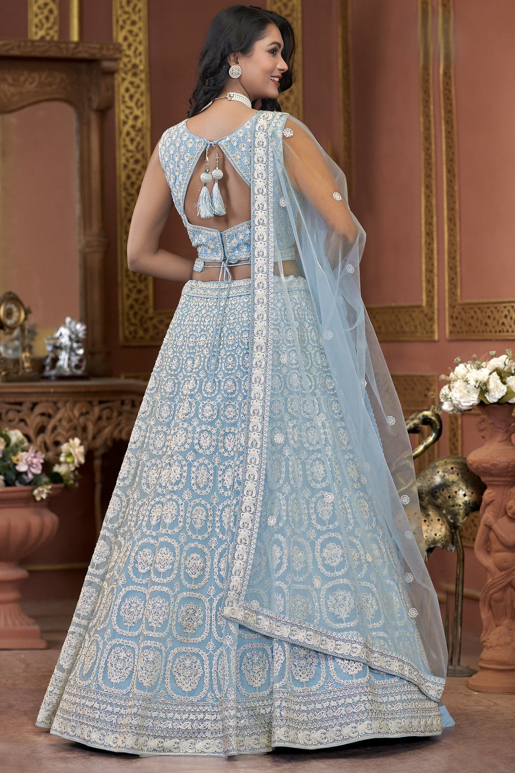 Light Blue Net Lehenga Choli For Indian Festivals & Pakistani Weddings Dress - Embroidery Work, Zarkan Work