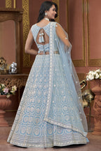 Light Blue Net Lehenga Choli For Indian Festivals & Pakistani Weddings Dress - Embroidery Work, Zarkan Work