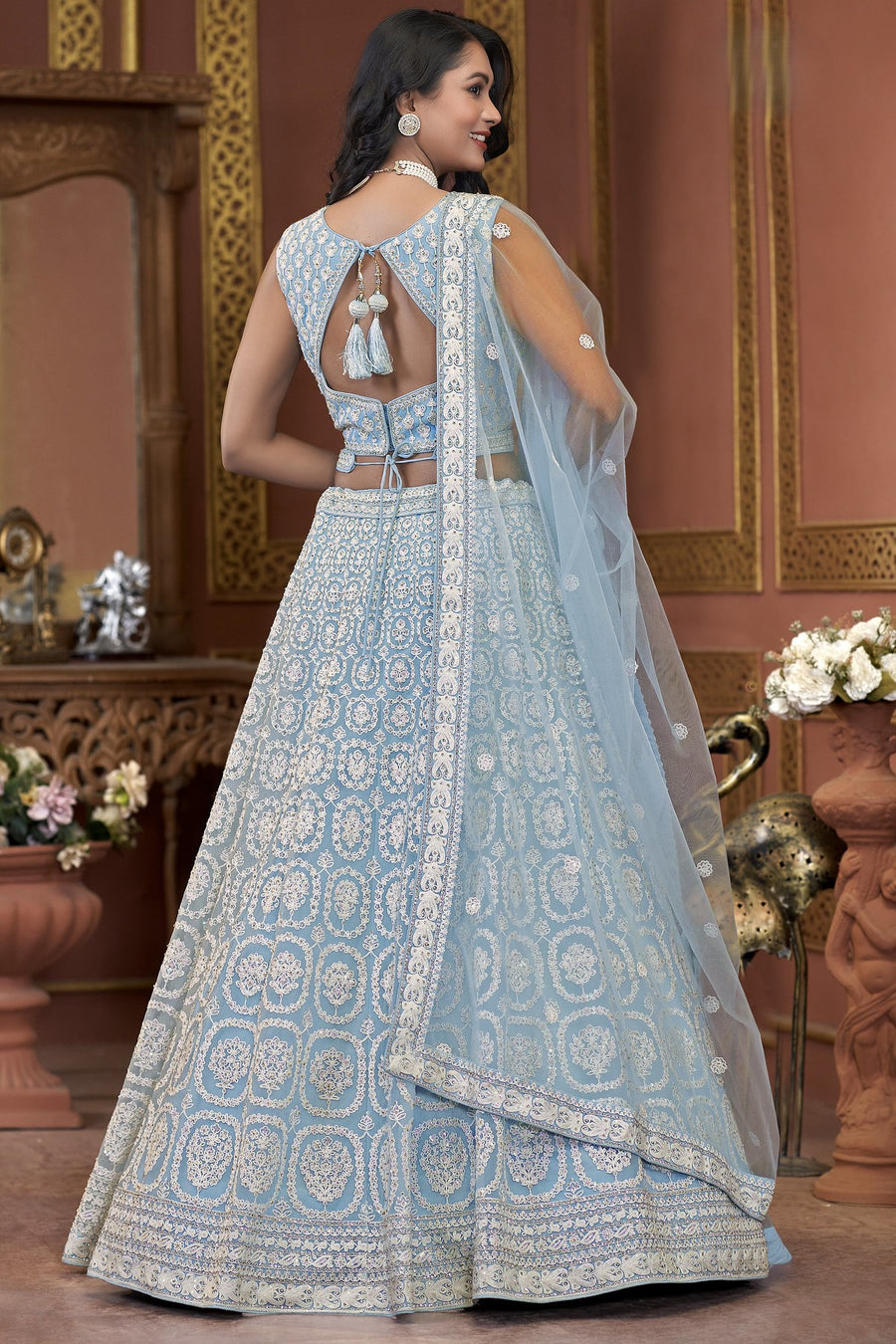 Light Blue Net Lehenga Choli For Indian Festivals & Pakistani Weddings Dress - Embroidery Work, Zarkan Work