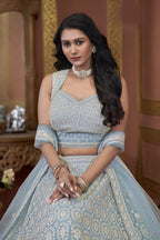 Light Blue Net Lehenga Choli For Indian Festivals & Pakistani Weddings Dress - Embroidery Work, Zarkan Work