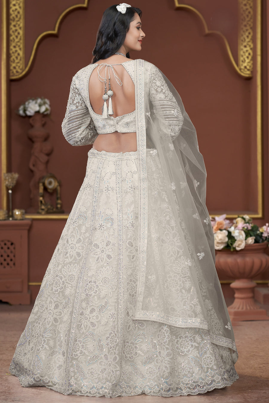 Off White Net Lehenga Choli For Indian Festivals & Pakistani Weddings Dress - Embroidery Work, Zarkan Work