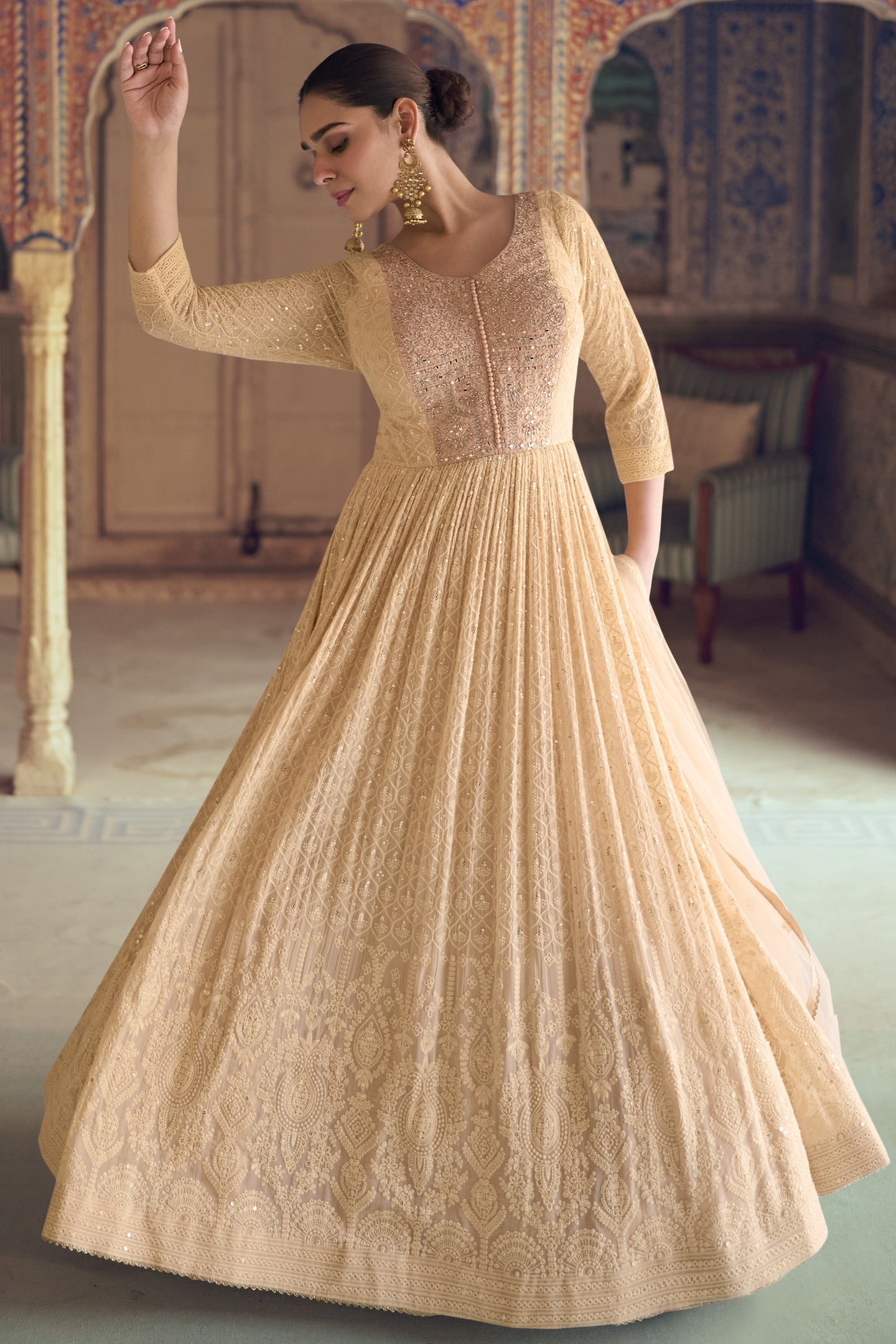 Beige Georgette Floor Full Length Partywear Anarkali Suit For Indian Festival & Pakistani Weddings - Chikankari Embroidery Work