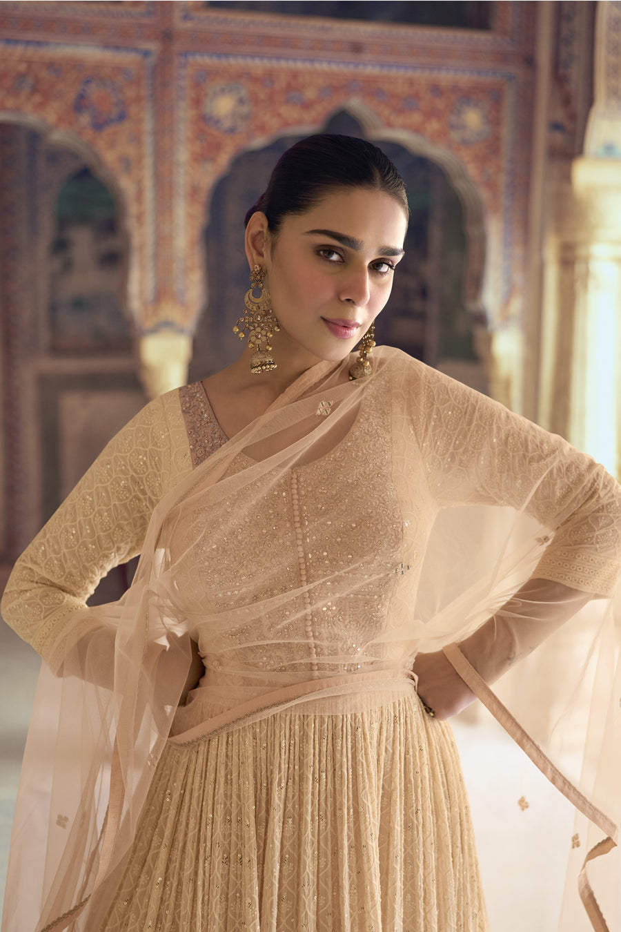 Beige Georgette Floor Full Length Partywear Anarkali Suit For Indian Festival & Pakistani Weddings - Chikankari Embroidery Work