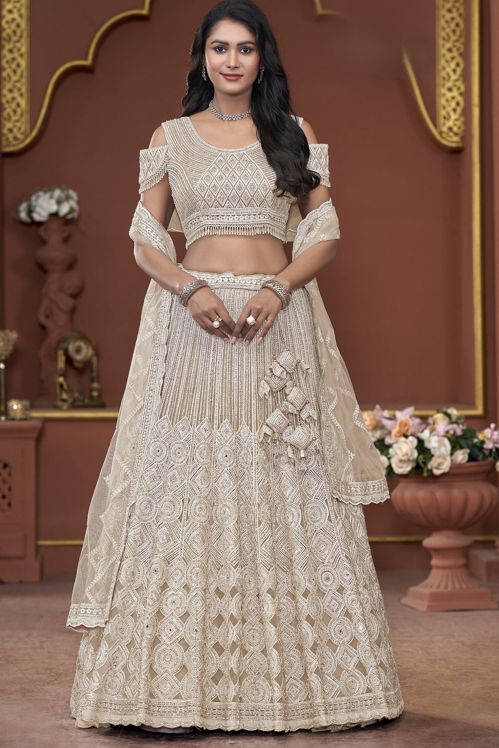 Yellow White Net Lehenga Choli For Indian Festivals & Pakistani Weddings Dress - Zarkan Work, Sequence Embroidery Work, Mirror Work
