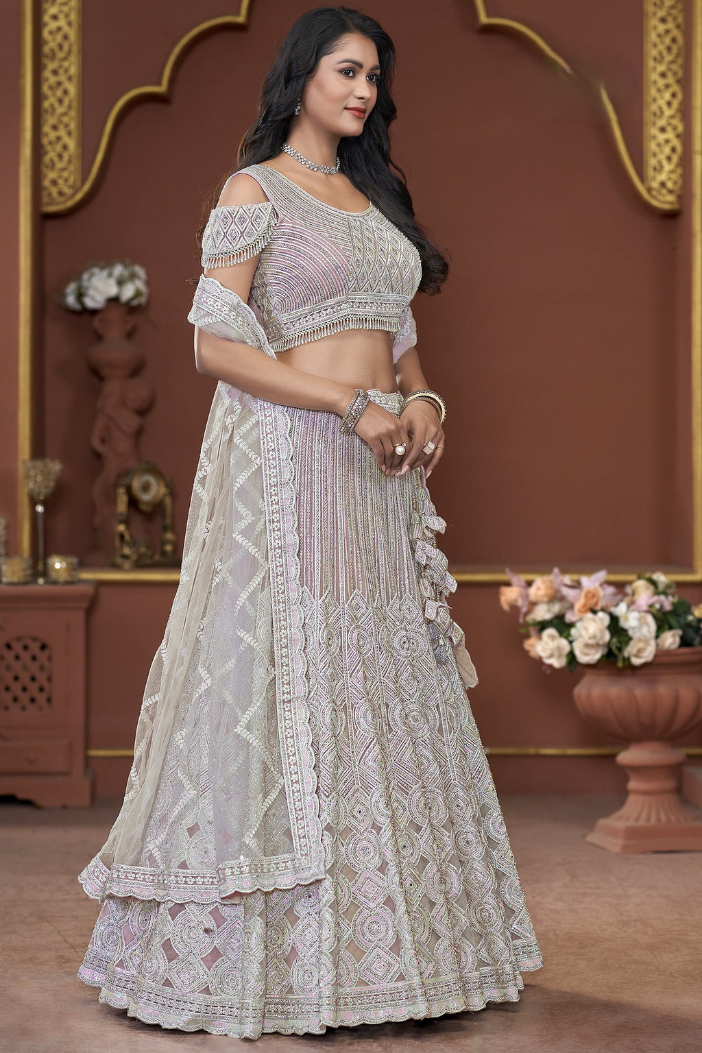 Pink White Net Lehenga Choli For Indian Festivals & Pakistani Weddings Dress - Zarkan Work, Sequence Embroidery Work, Mirror Work