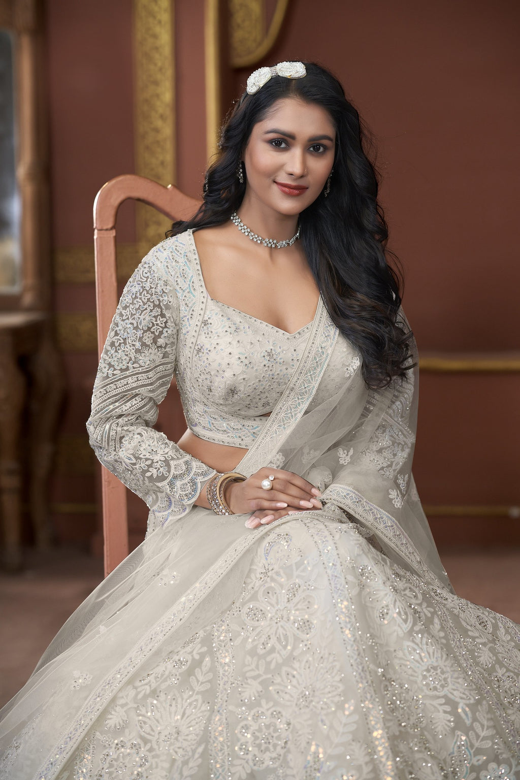 Off White Net Lehenga Choli For Indian Festivals & Pakistani Weddings Dress - Embroidery Work, Zarkan Work