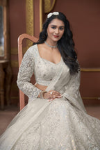 Off White Net Lehenga Choli For Indian Festivals & Pakistani Weddings Dress - Embroidery Work, Zarkan Work