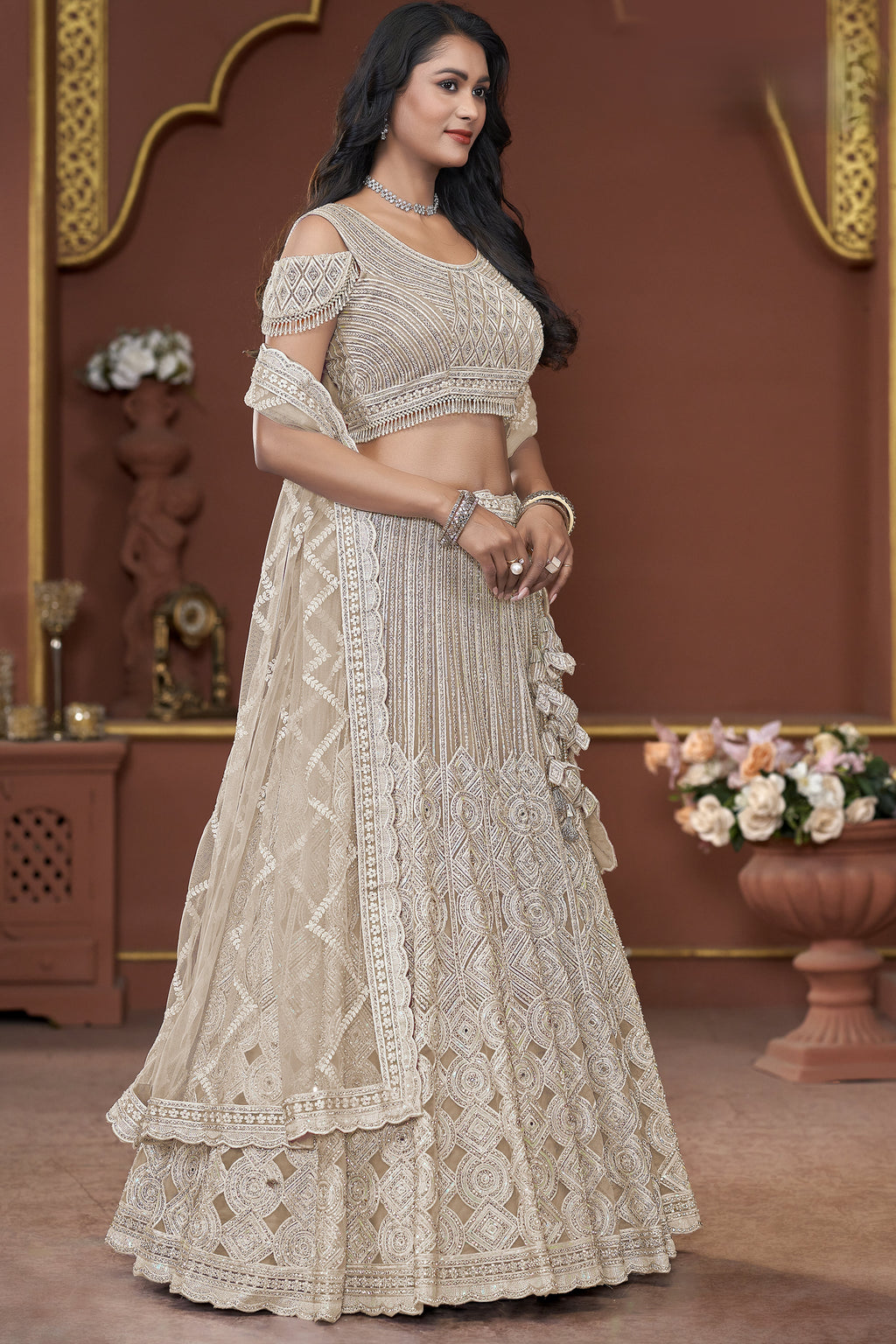 Yellow White Net Lehenga Choli For Indian Festivals & Pakistani Weddings Dress - Zarkan Work, Sequence Embroidery Work, Mirror Work