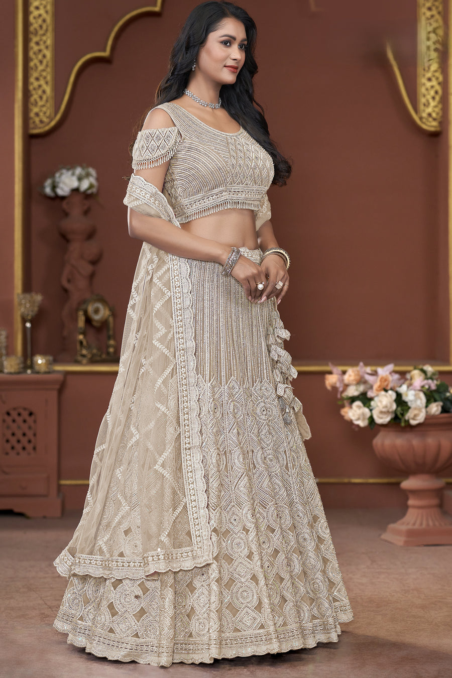 Yellow White Net Lehenga Choli For Indian Festivals & Pakistani Weddings Dress - Zarkan Work, Sequence Embroidery Work, Mirror Work