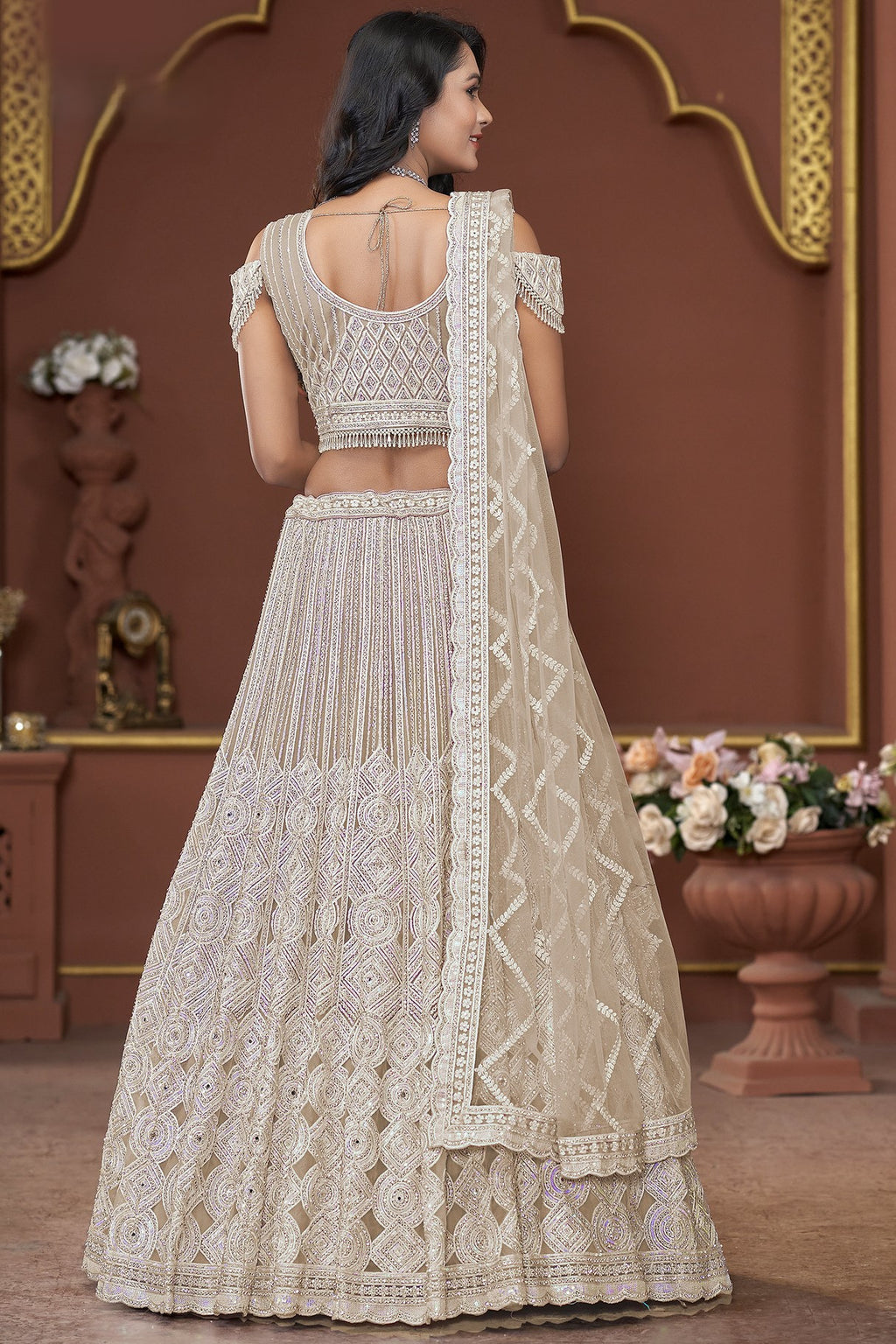 Yellow White Net Lehenga Choli For Indian Festivals & Pakistani Weddings Dress - Zarkan Work, Sequence Embroidery Work, Mirror Work
