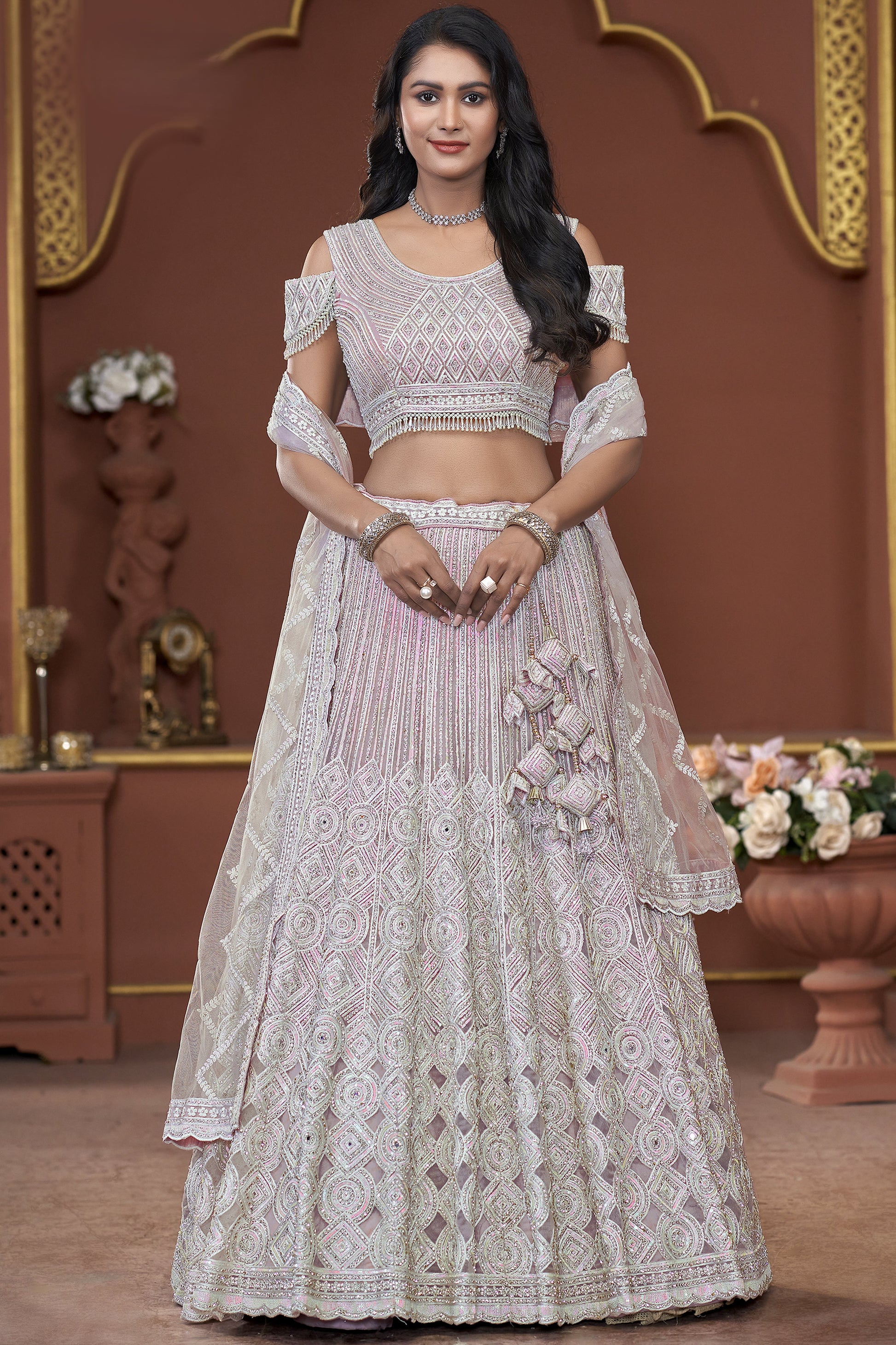 Pink White Net Lehenga Choli For Indian Festivals Pakistani Weddings Dress Zarkan Work, Sequence Embroidery Work, Mirror Work