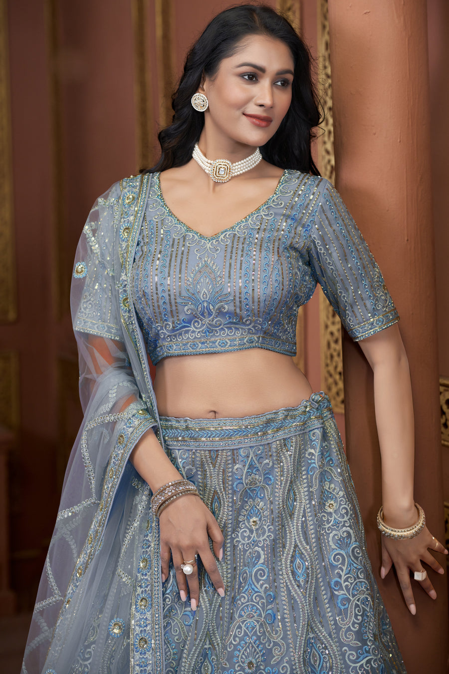 Gray Blue Net Lehenga Choli For Indian Festivals & Pakistani Weddings Dress - Zarkan Work