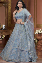 Gray Blue Net Lehenga Choli For Indian Festivals & Pakistani Weddings Dress - Zarkan Work