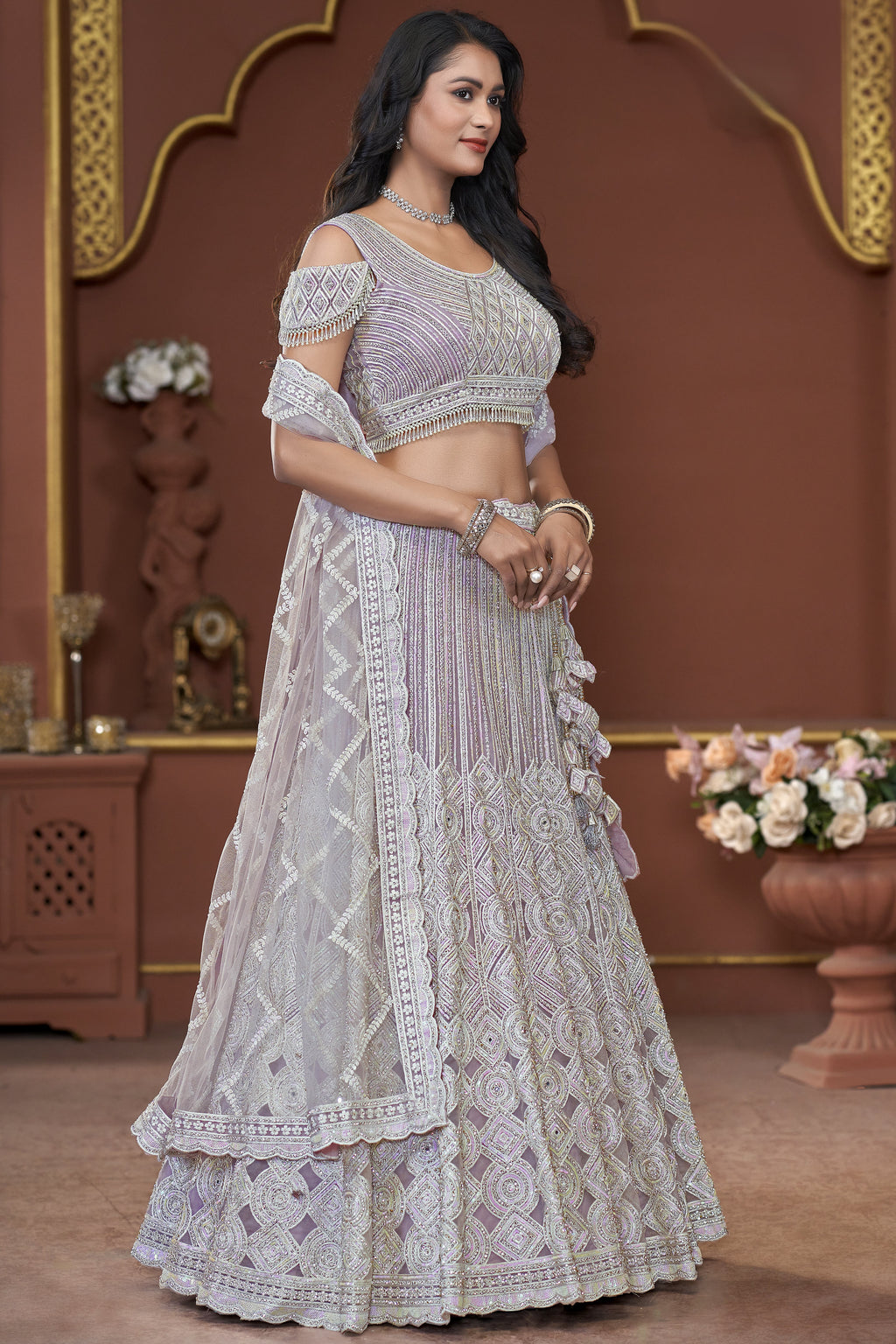 Lavender Net Lehenga Choli For Indian Festivals & Pakistani Weddings Dress - Mirror Work, Sequence Embroidery Work, Zarkan Work