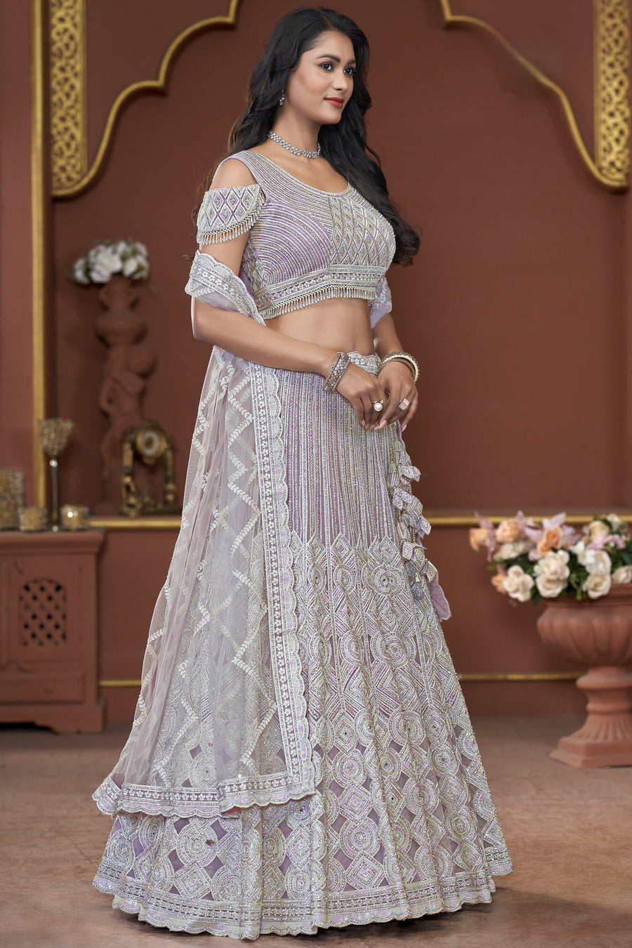 Lavender Net Lehenga Choli For Indian Festivals & Pakistani Weddings Dress - Mirror Work, Sequence Embroidery Work, Zarkan Work