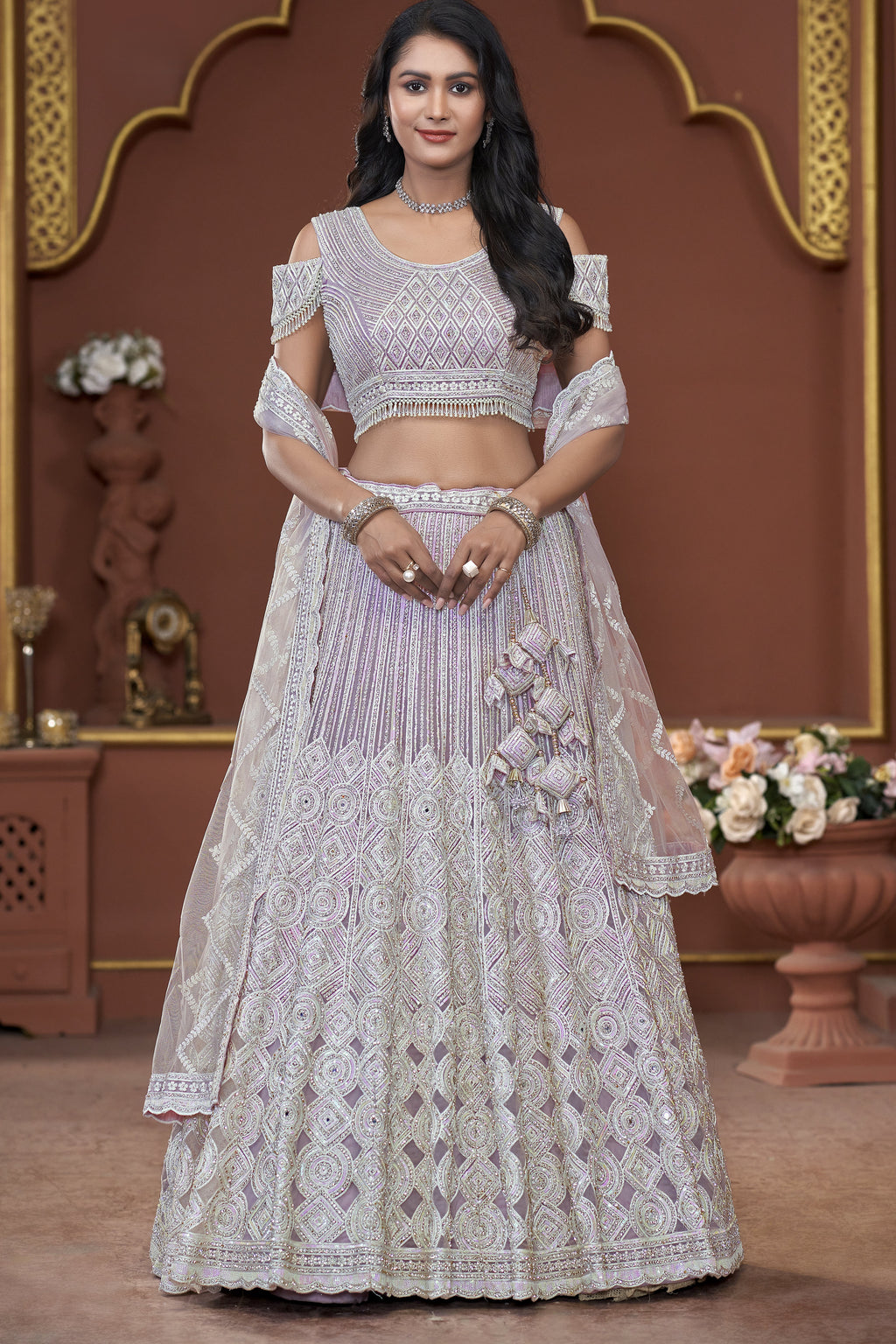 Lavender Net Lehenga Choli For Indian Festivals & Pakistani Weddings Dress - Mirror Work, Sequence Embroidery Work, Zarkan Work