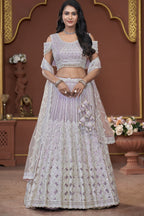 Lavender Net Lehenga Choli For Indian Festivals & Pakistani Weddings Dress - Mirror Work, Sequence Embroidery Work, Zarkan Work