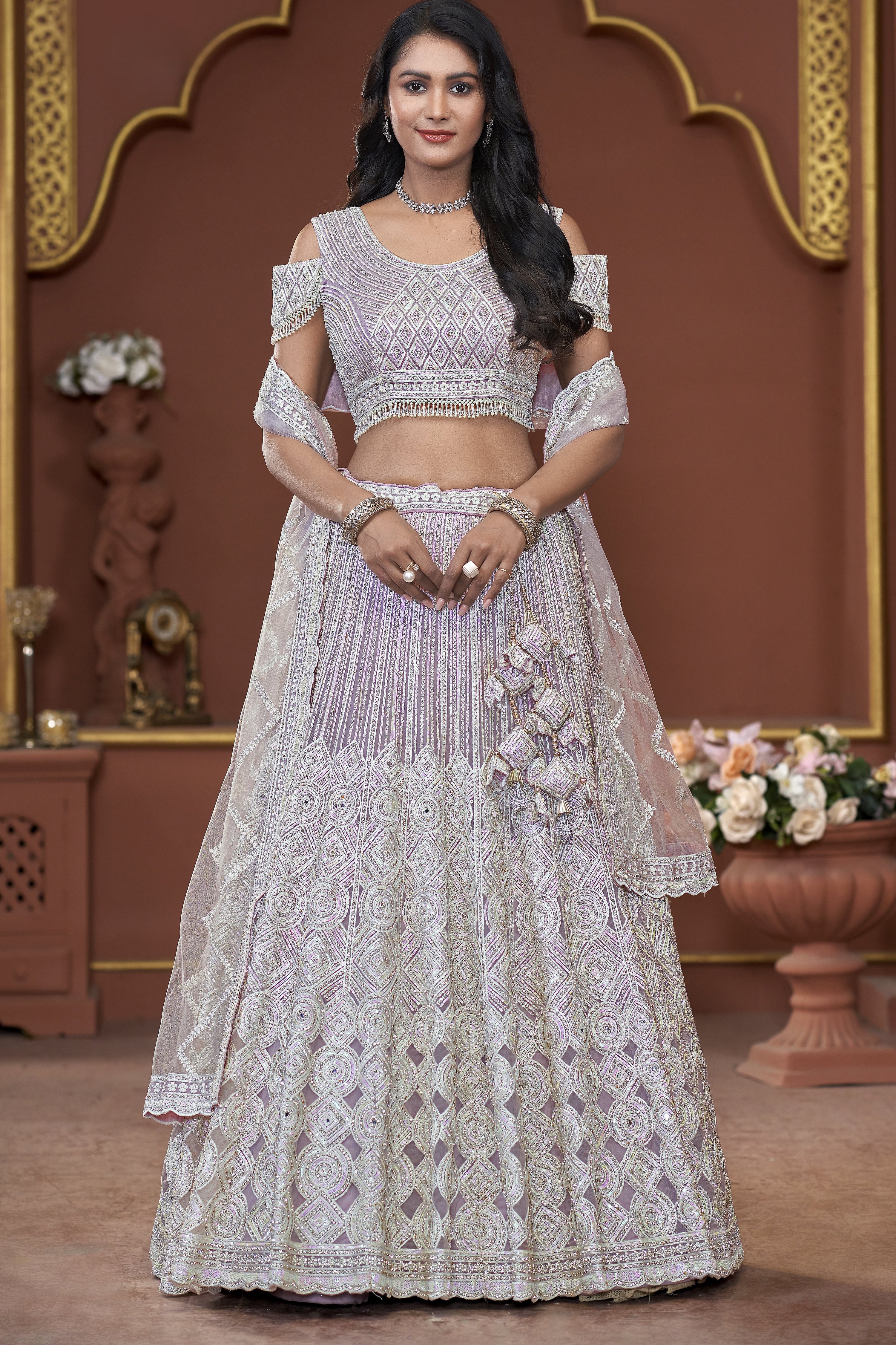 Lavender Net Lehenga Choli For Indian Festivals & Pakistani Weddings Dress - Mirror Work, Sequence Embroidery Work, Zarkan Work