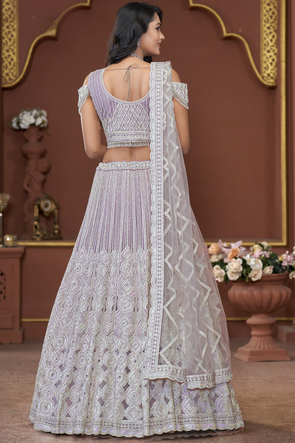 Lavender Net Lehenga Choli For Indian Festivals & Pakistani Weddings Dress - Mirror Work, Sequence Embroidery Work, Zarkan Work