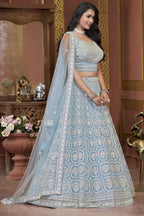 Light Blue Net Lehenga Choli For Indian Festivals & Pakistani Weddings Dress - Embroidery Work, Zarkan Work