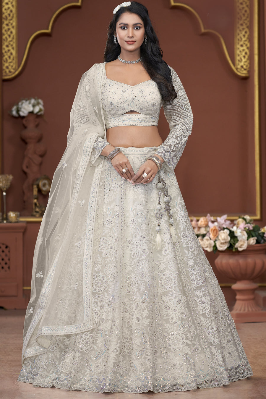 Off White Net Lehenga Choli For Indian Festivals & Pakistani Weddings Dress - Embroidery Work, Zarkan Work