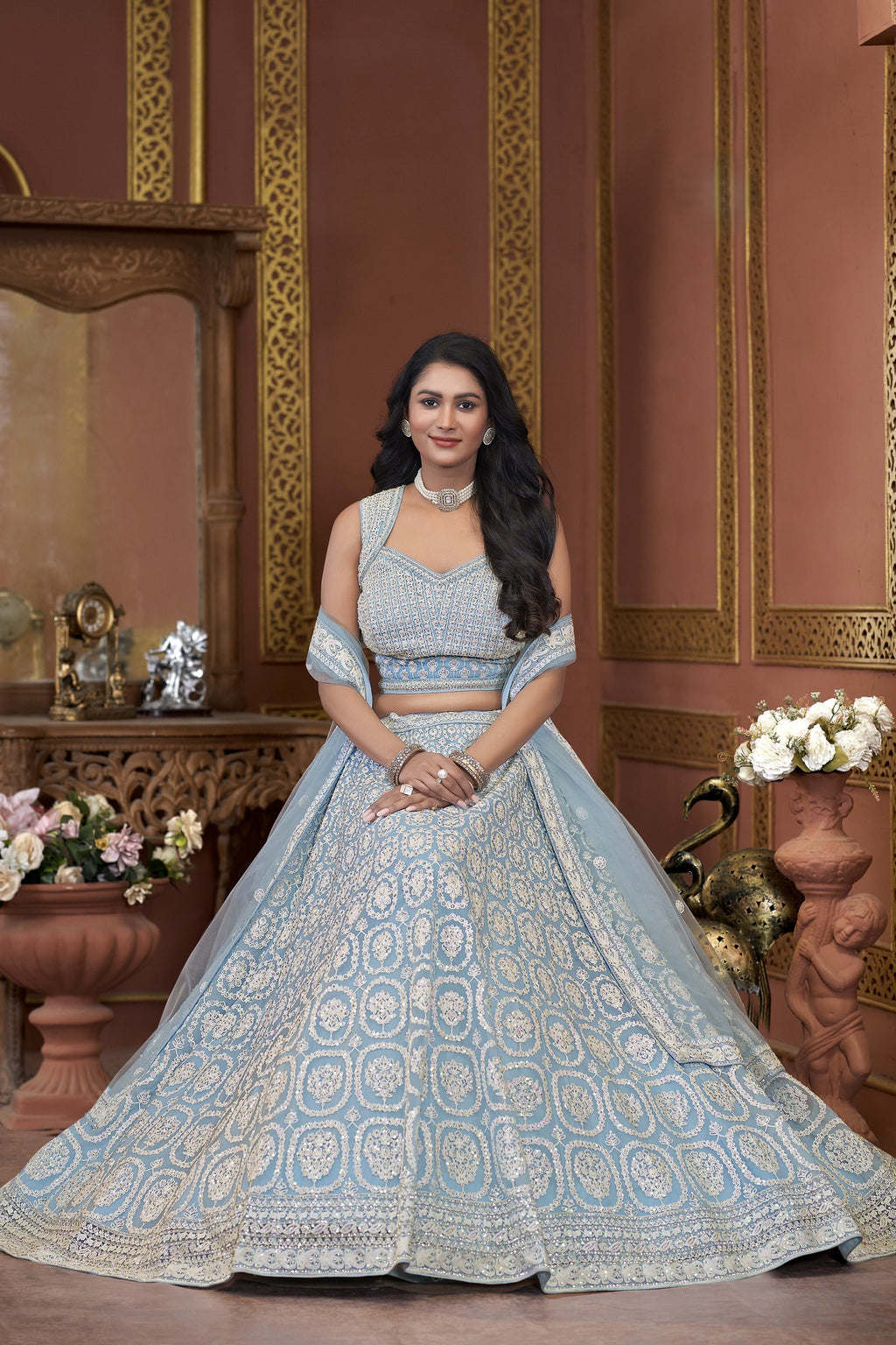 Light Blue Net Lehenga Choli For Indian Festivals & Pakistani Weddings Dress - Embroidery Work, Zarkan Work