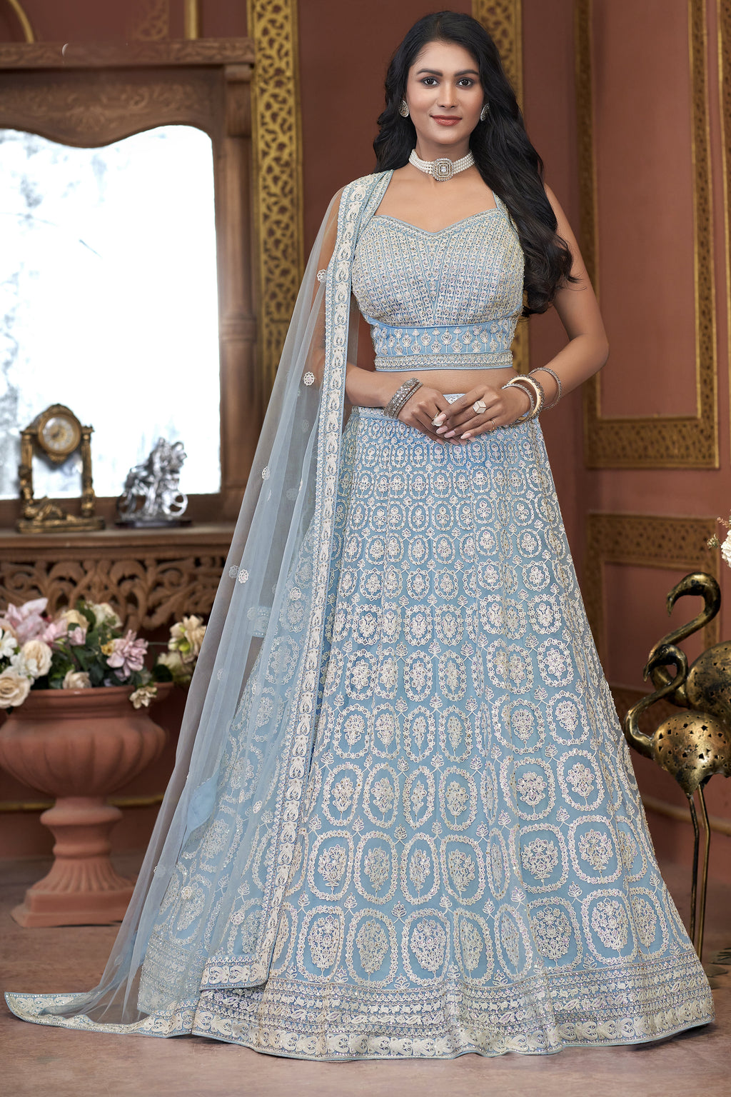 Light Blue Net Lehenga Choli For Indian Festivals & Pakistani Weddings Dress - Embroidery Work, Zarkan Work
