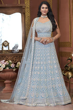 Light Blue Net Lehenga Choli For Indian Festivals & Pakistani Weddings Dress - Embroidery Work, Zarkan Work