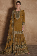 Mustard Yellow Crepe Silk Pakistani Sharara Kameez Suit for Wedding - Embroidery Work, Print Work