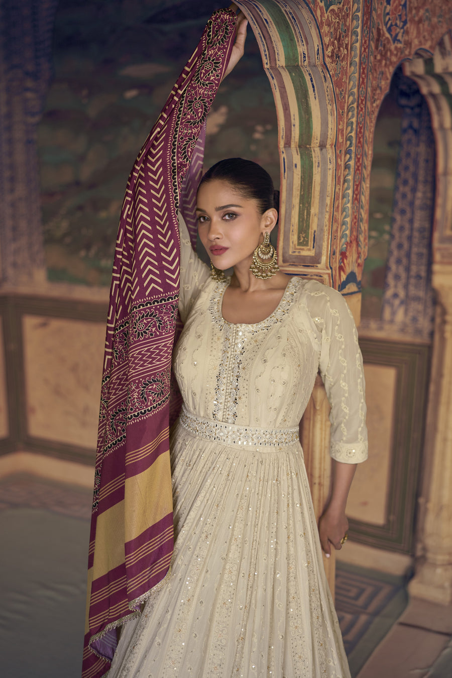 Off White Georgette Floor Full Length Partywear Anarkali Suit For Indian Festival & Pakistani Weddings - Chikankari Embroidery Work